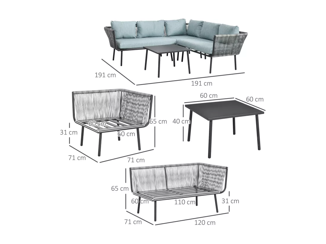 Salon de jardin d'angle 5 places 4 pièces coussins inclus alu. résine tressée gris