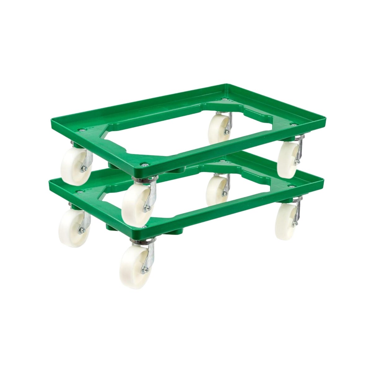 PROREGAL Voordeelset 2x Transportwagens voor Euroboxen 60 x 40 cm met Groene Kunststof Wielen, Open Dek, 2 Zwenkwielen en 2 Remwielen, Draagvermogen 300 kg