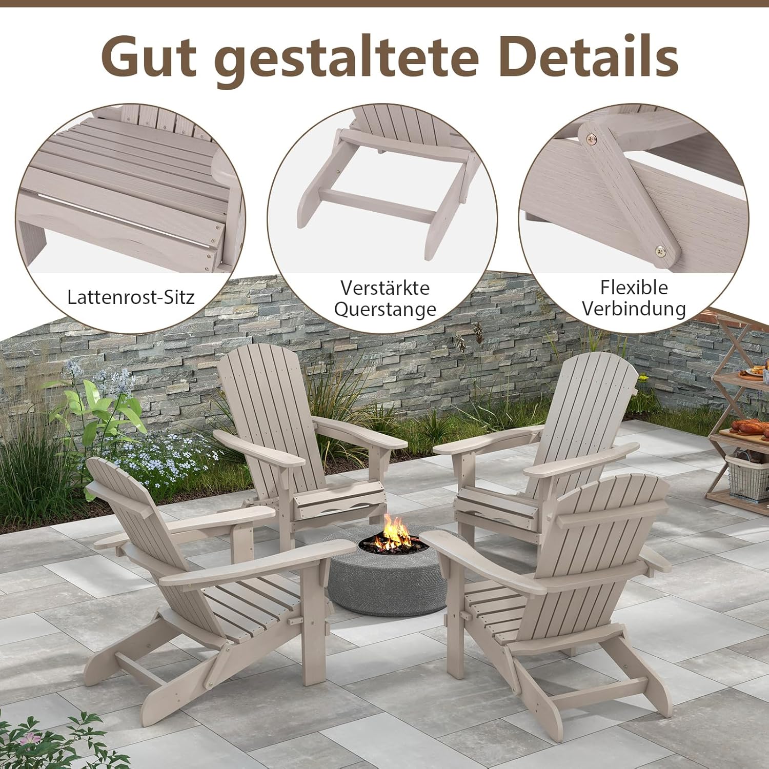 COSTWAY Adirondack Stuhl klappbar, 2er Set, Adirondack Chair aus Holz, Gartensessel mit hoher Rückenlehne & Breiten Armlehnen für Garten, Terrasse, 180 kg Tragfähigkeit (Grau)