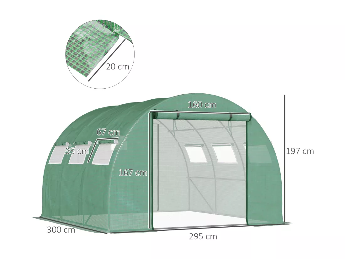 Serre tunnel de jardin grande taille dim. 3L x 2,95l x 1,97H m - 6 fenêtres, porte zippée enroulable - acier galvanisé PE haute densité vert