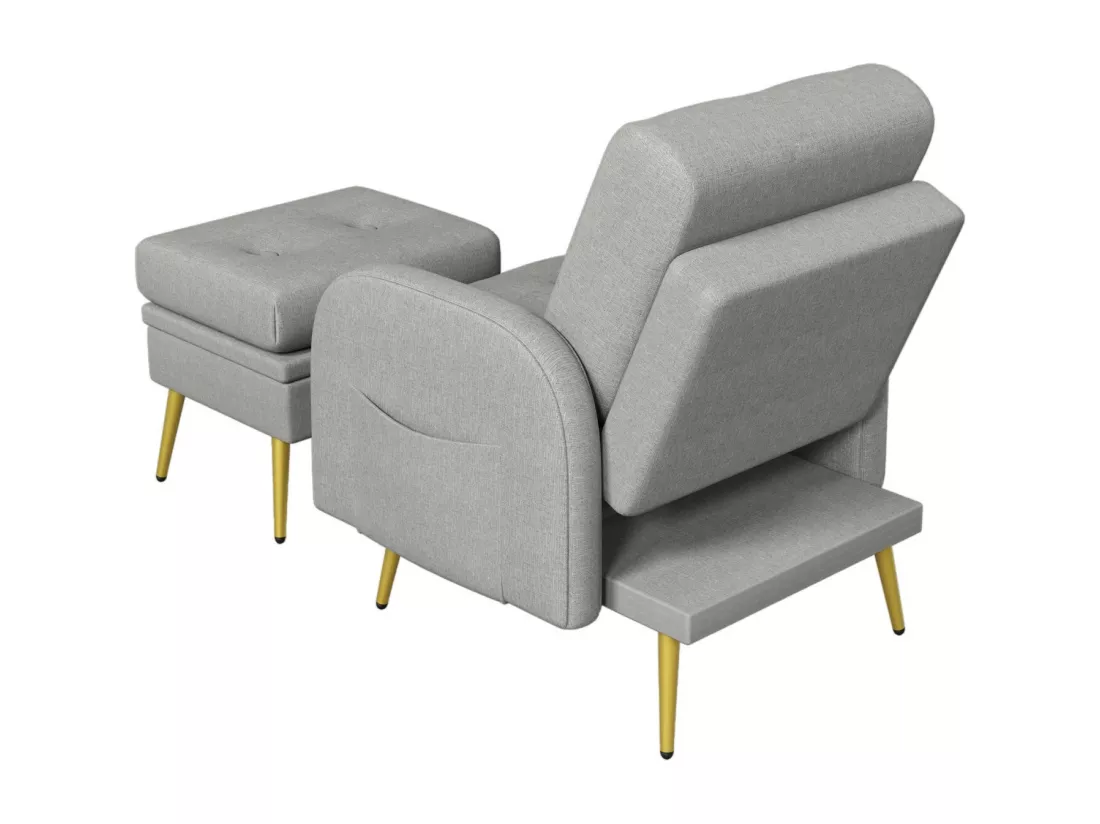 Fauteuil en tissu polypropylène, avec pouf de rangement, dossier réglable en 3 niveaux, 68x77x85cm, Gris