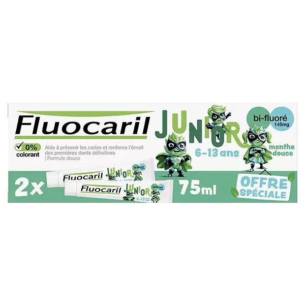 Fluocaril Junior, Pasta de dentes para crianças de 6 a 12 anos, menta suave, 2 x 75 ml