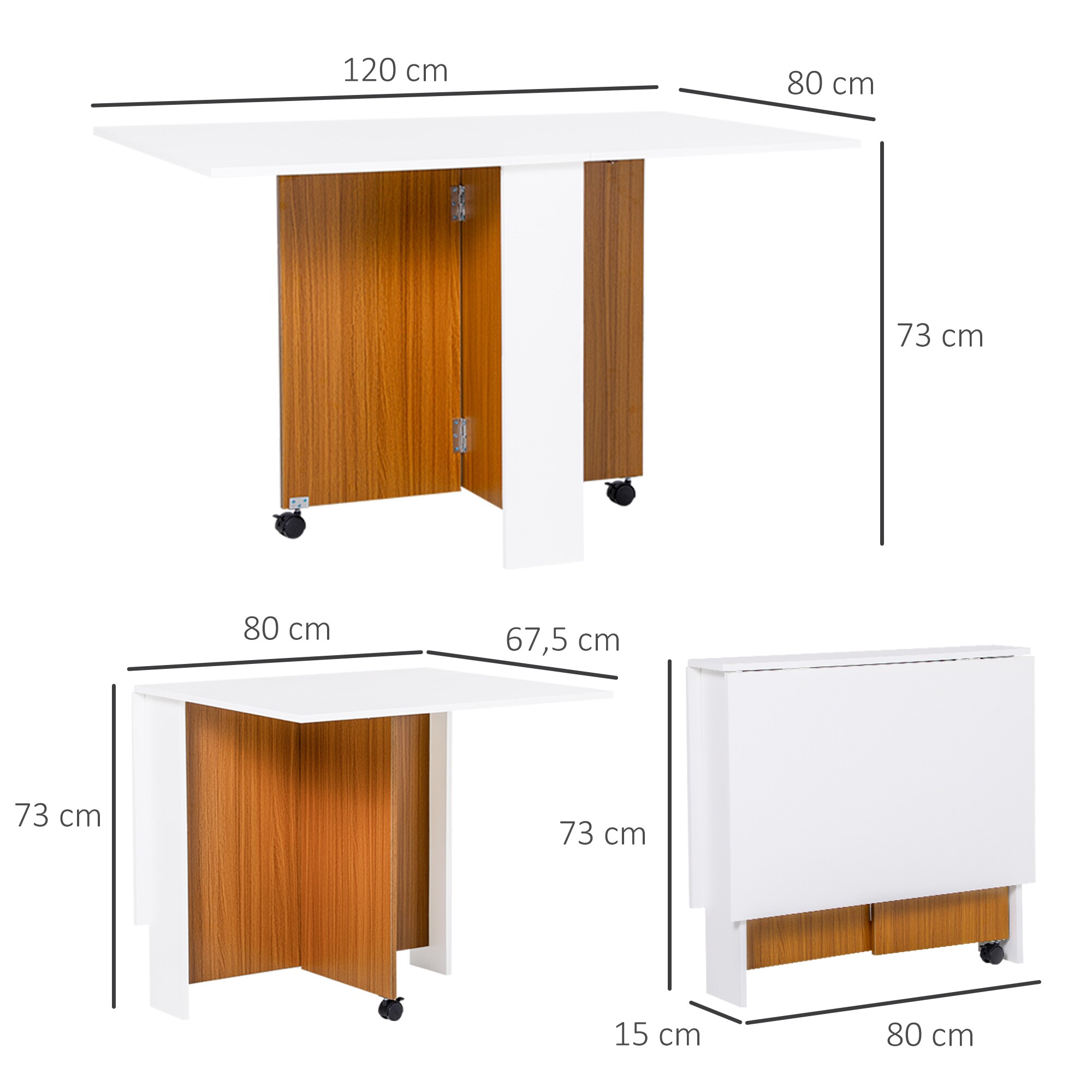 HOMCOM Klapptisch mit klappbarer Tischplatte weiß, natur 120L x 80B x 73H cm