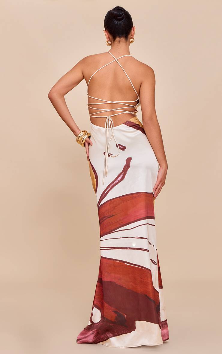 Beige Robe Longue En Satin Avec Nœud Au Dos