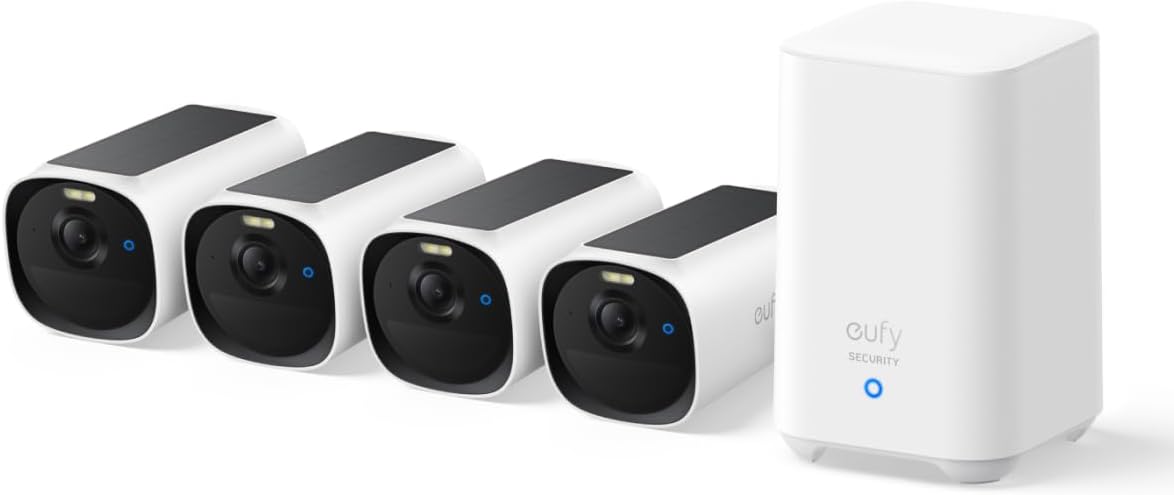 eufy Security eufyCam E40 4-Kamera-Set mit Homebase 2, kabellose 2K Solarkamera für außen, mit integriertem Solarpanel, MaxColor-Nachtsicht, erweiterbarer lokaler Speicher, ohne monatliche ABO-Kosten