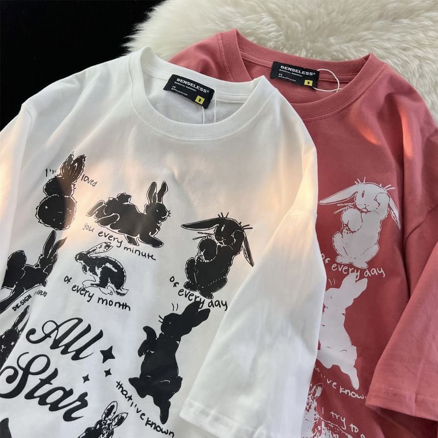 Rosesand - Unisex T-shirt met korte mouwen en konijnenprint en losse pasvorm