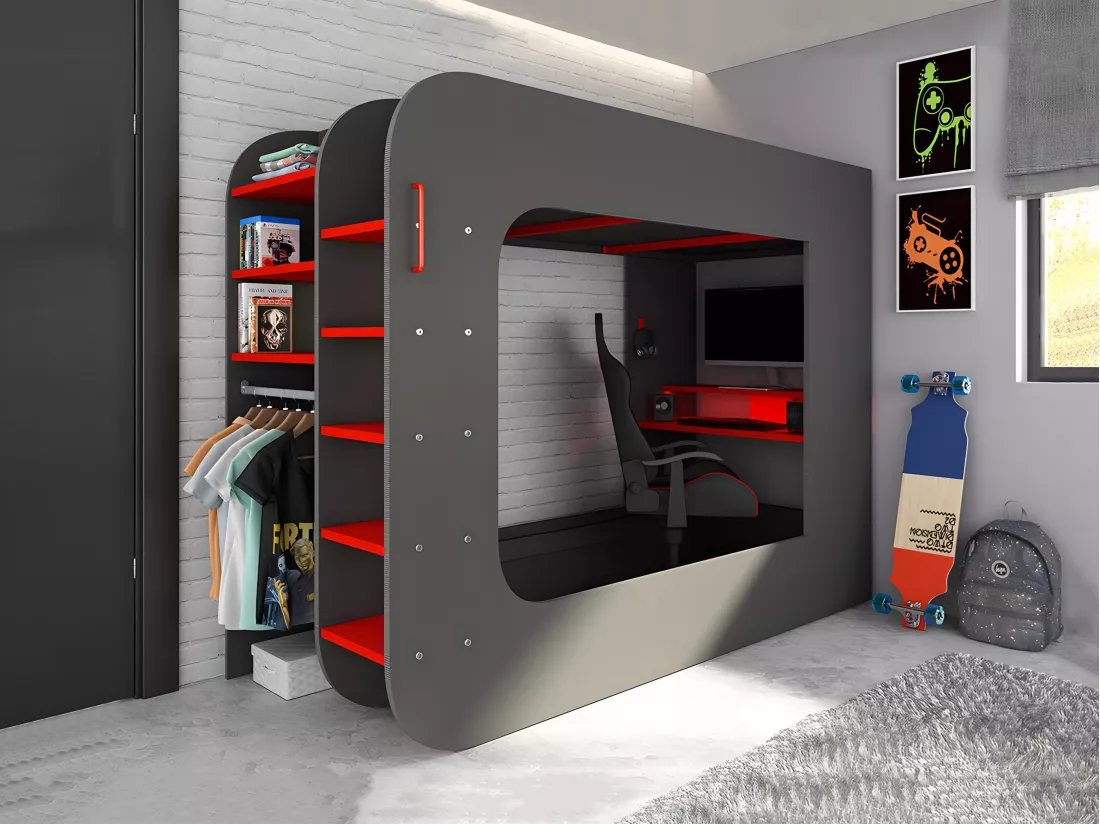 Lit mezzanine gamer 90 x 200 cm - Avec bureau et rangements - Avec LEDs - Anthracite et rouge - WARRIOR