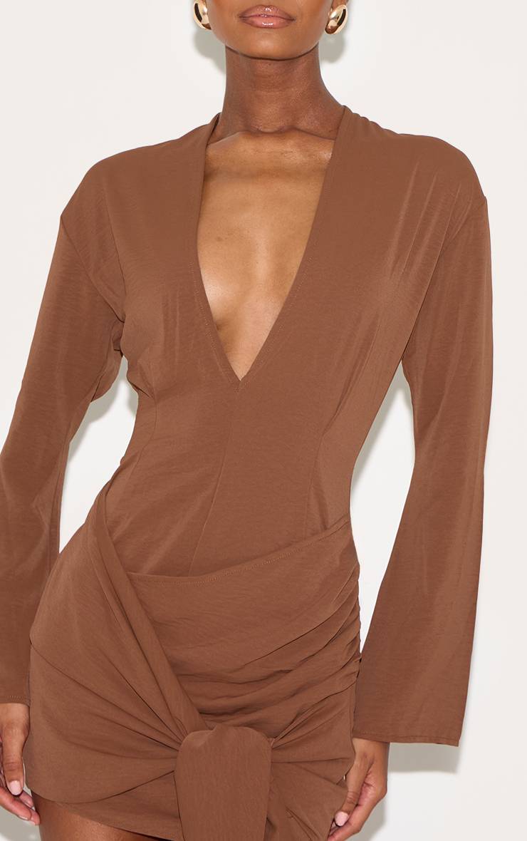 Chocolat Robe Chemise Cache-cœur Plongeante En Tissu Tissé
