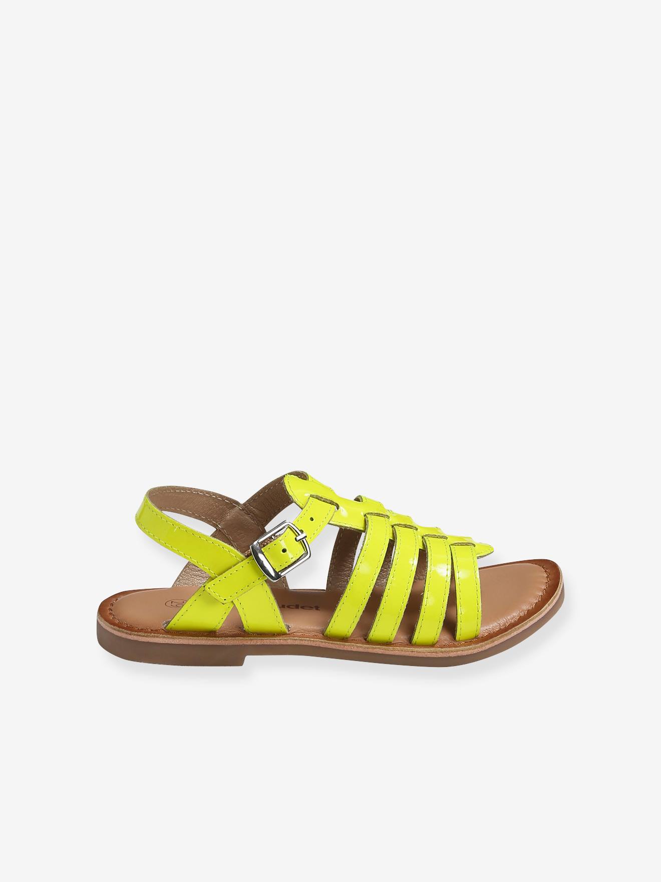 Sandálias de várias tiras para meninas, lisas, amarelo escuro com estampa.