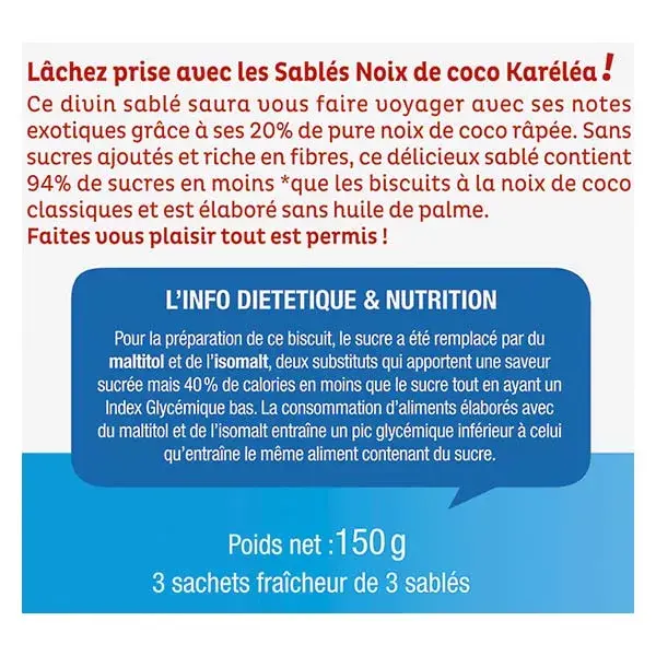 Karéléa Biscuits Sans Sucres Ajoutés Sablés Noix de Coco 150g