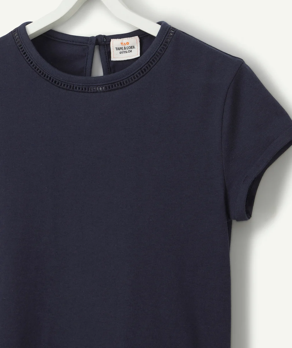 T-SHIRT BLEU FILLE EN COTON BIO AVEC DÉTAILS AJOURÉS