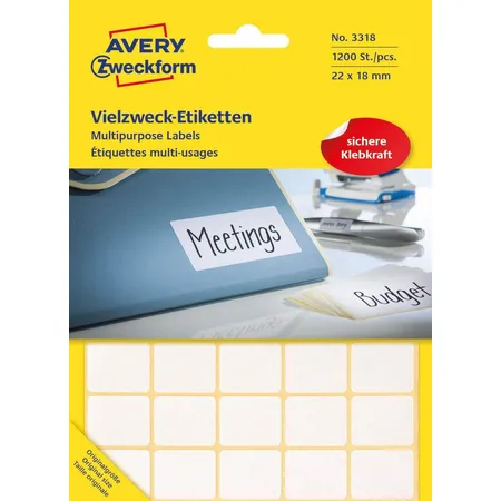 Avery Zweckform 3318 Vielzweck Etiketten 22 x 18 mm, 30 Bogen/1.200 Etiketten, weiß
