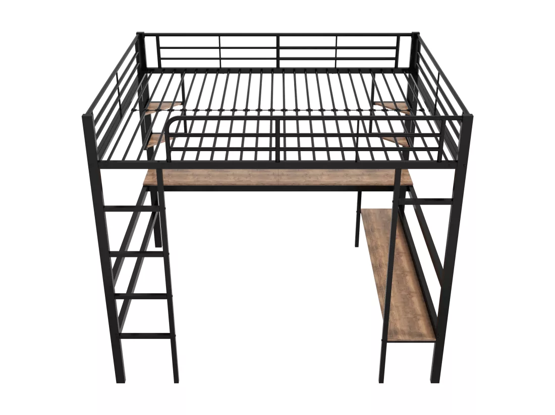 Lit mezzanine en fer - 140x200cm - avec bureau et 5 étagères - Noir