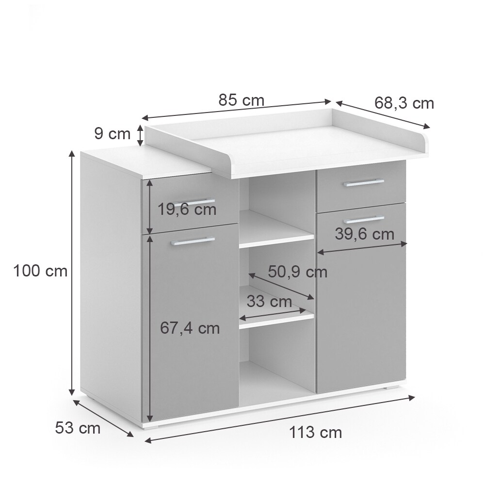 Vicco Wickelkommode Wickeltisch Wickelregal Leonie mit Wickelaufsatz Weiß/Grau