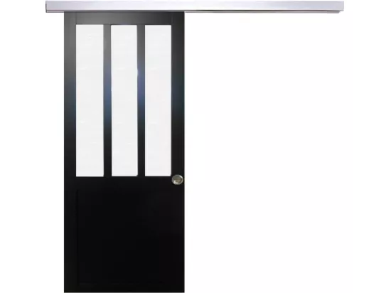 Porte Coulissant Atelier Noir Vitre Depoli H204 X L73 + Rail Alu Et 2 Coquilles Gd Menuiseries
