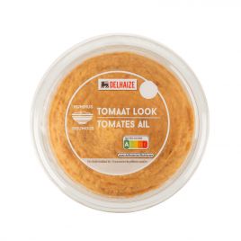 Delhaize Hummus met knoflook en tomaten (voor uw eigen risico, geen restitutie mogelijk)