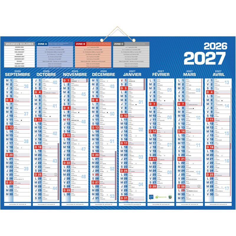 Calendrier semestriel mural année 2026/2027 - 16 mois - 40,5 x 55 cm