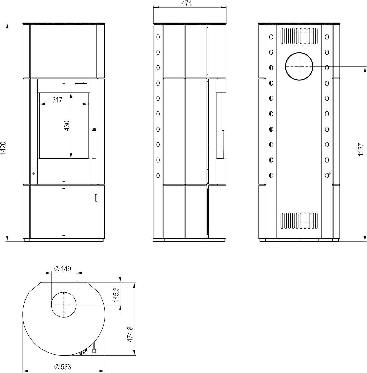 Kaminofen München XL Stahl gussgrau7kw Speicherofen Panoramatür Holzofen Dauerbrand geeignet Schwedenofen 150mm Abgasstutzen selbstschließende Tür (Bauart 1)