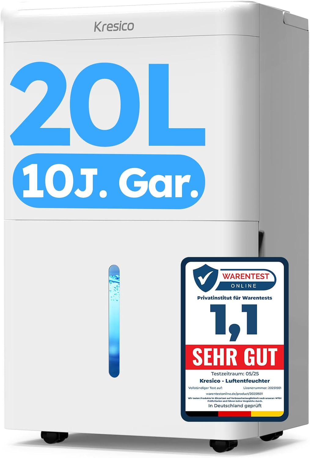 Luftentfeuchter elektrisch 20L/24h, Entfeuchter elektrisch 39dB, Raumentfeuchter für Räume ca. 150m³/50m², mit Ablaufschlauch, Timer, Filter, auto Abtauen, Kältemittel R290, 10 J. Gar.