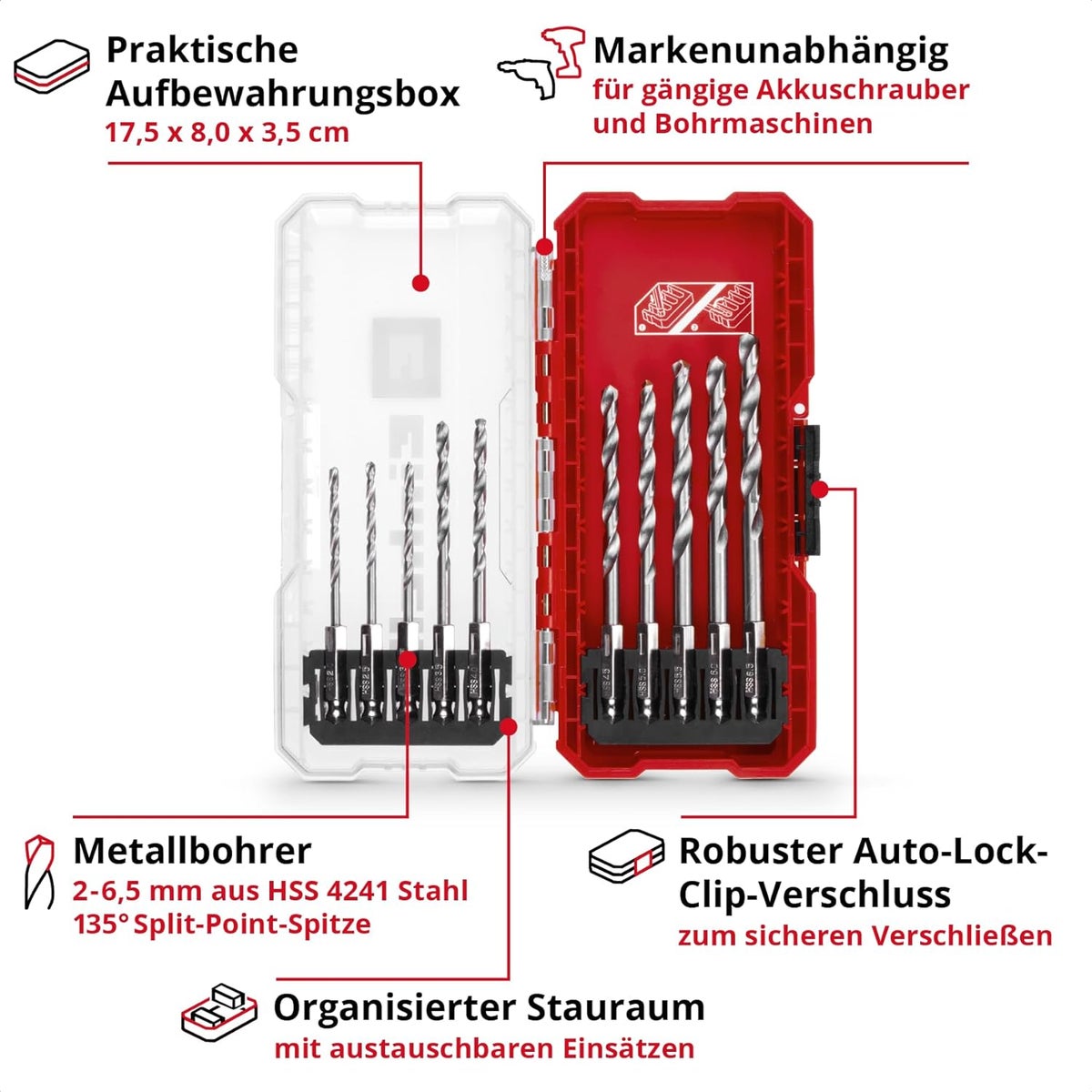 Originele Einhell S-CASE 10-delige metaalborenset (gemaakt van HSS 4241 staal, E 6.3 schacht, 135° split-point punt, rolgesmede type N spiraal inclusief opbergdoos)