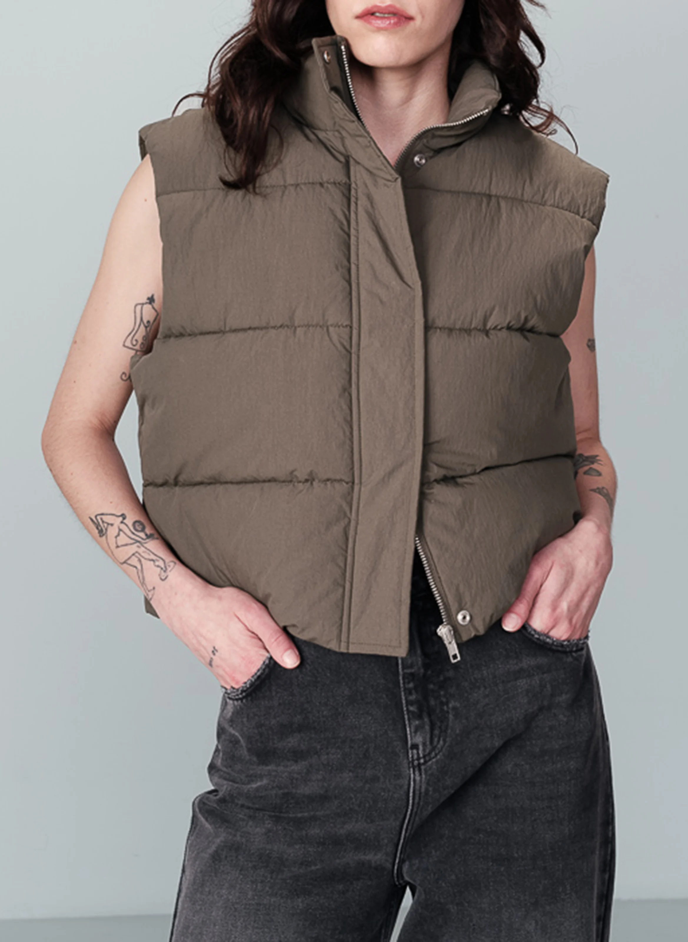 NYLON - Doudoune sans manches droite col montant en coton mélangé | Vert