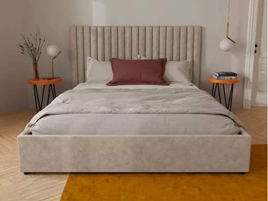 Lit coffre 160 x 200 cm avec tête de lit coutures verticales - Tissu - Taupe - SARAH