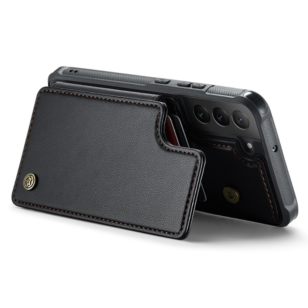 Samsung Galaxy S22 5G Leder Hülle mit Kartenfächern im Litchi Look   Kickstand (RFID Schutz) - Schwarz
