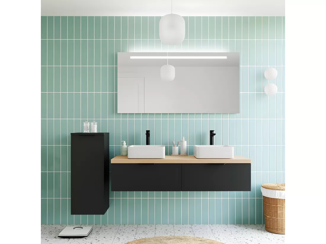 Meuble de salle de bain suspendu 2 vasques à poser 140cm 2 tiroirs Noir - Soho