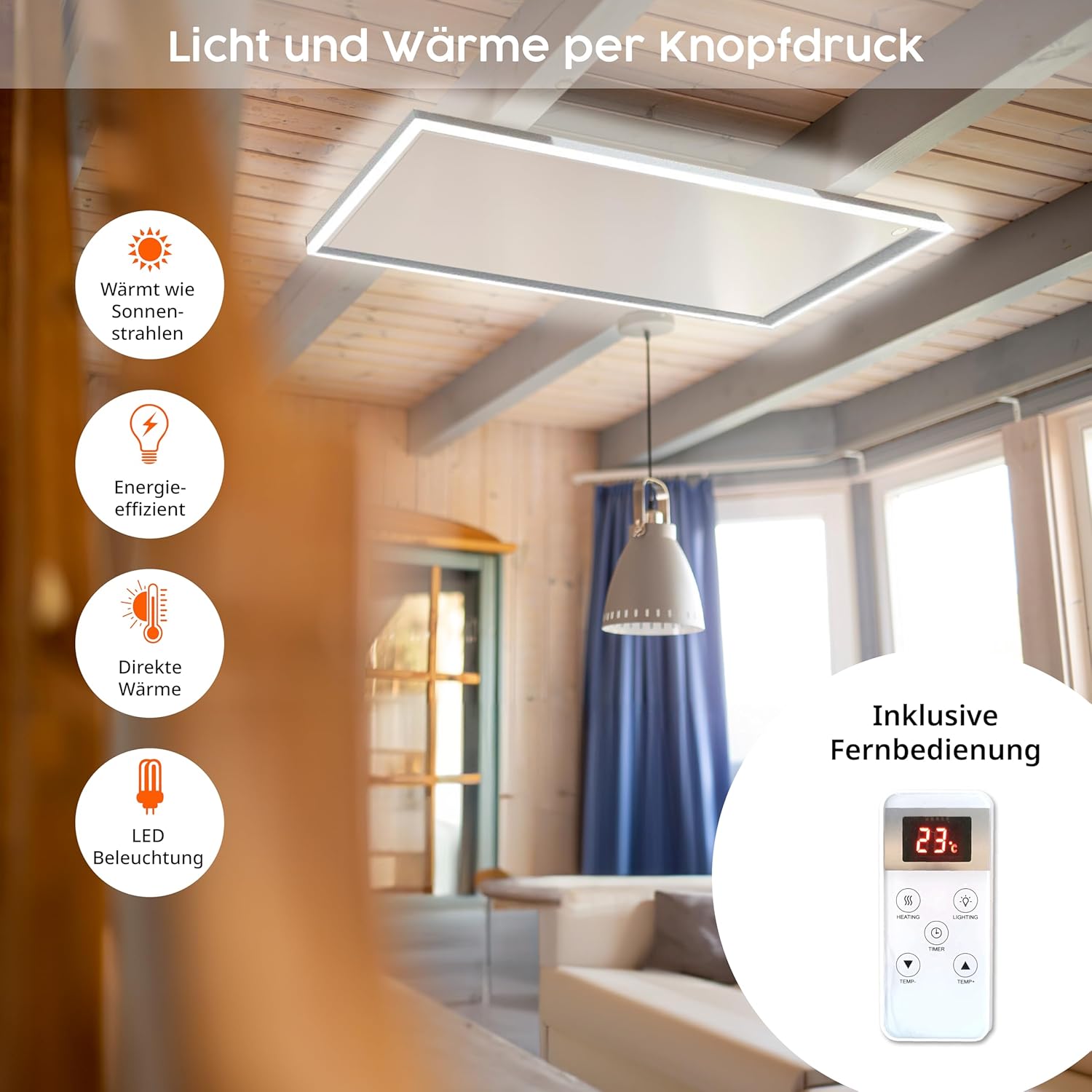 Könighaus LED Infrarotheizung 1000W ✓ Deckenheizung mit LED-Beleuchtung ✓ 5 Jahre Garantie ✓ Doppelter Überhitzungsschutz ✓ Fernbedienung ✓ Helligkeit einstellbar: Kalt-, Neutral-, Warmweiß
