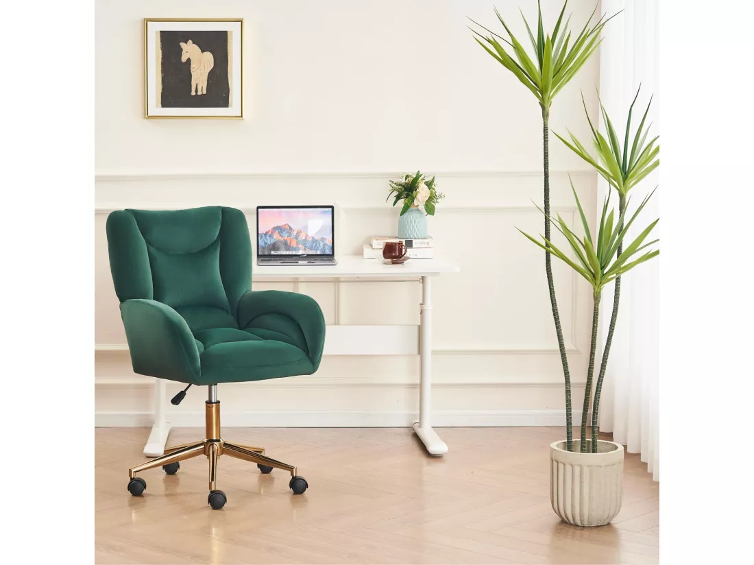 Chaise de bureau - Velours - Vert - Hauteur réglable - avec roulettes pivotantes et dossier ergonomique - 62x64x88/97cm