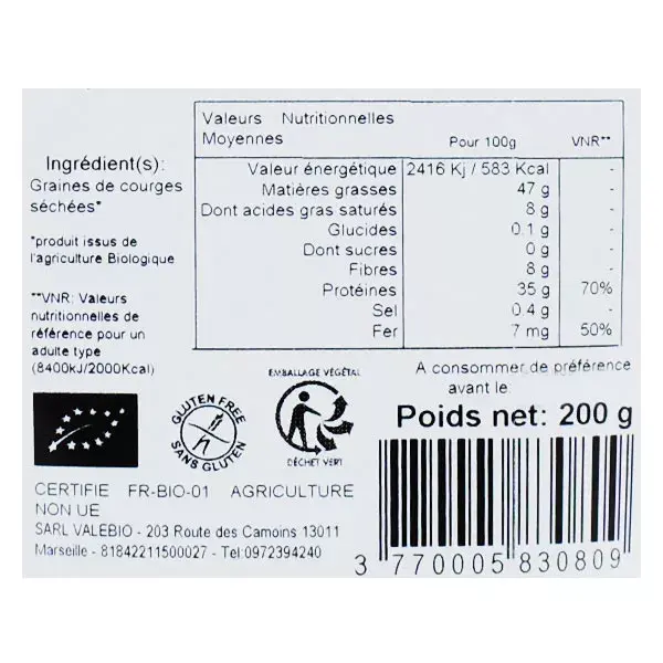Sementes de Abóbora Orgânicas Valebio 200g