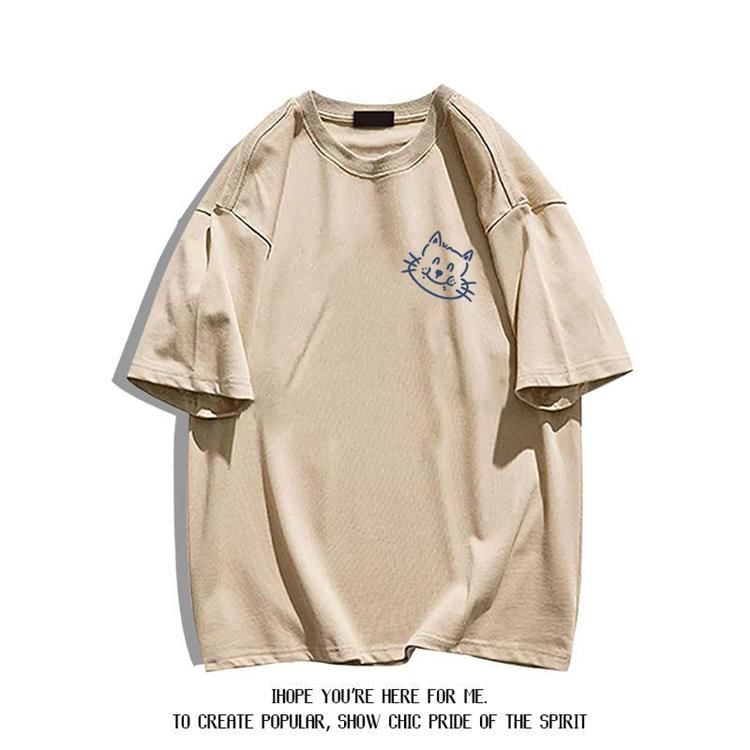 Bay Go Mall - T-shirt met ronde hals en kattenprint, met elleboogmouwen