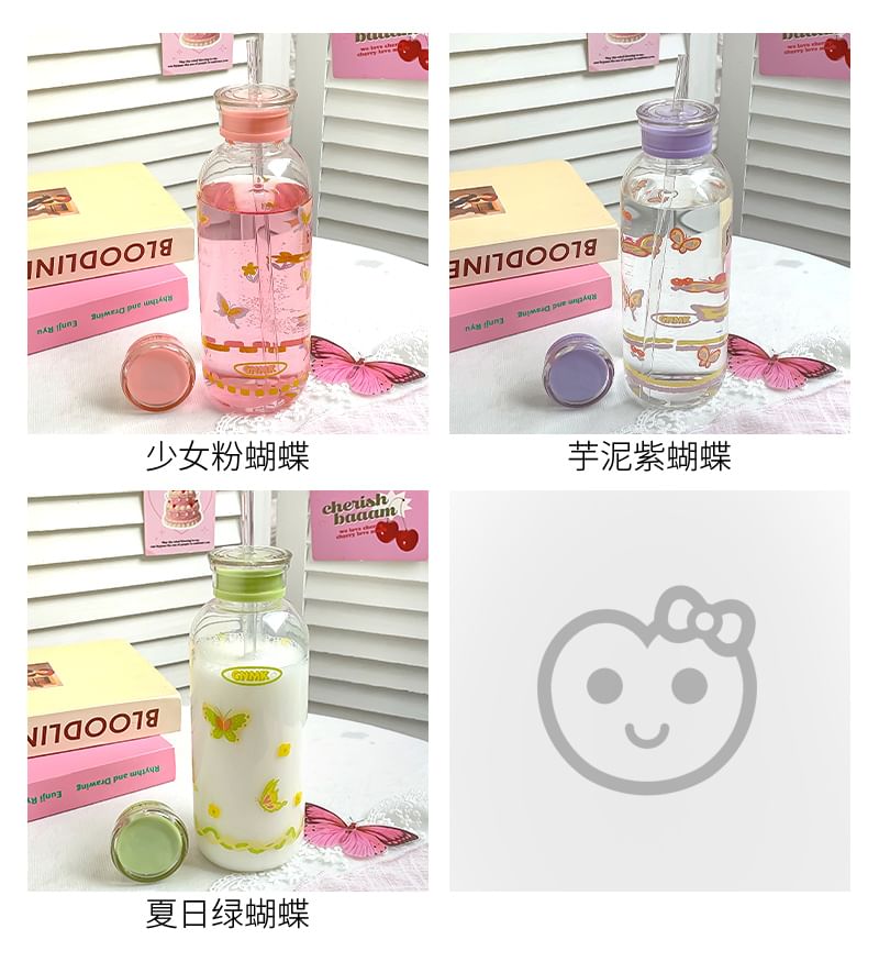 Momoi - Vlindervormige glazen drinkfles met rietje (verschillende designs)
