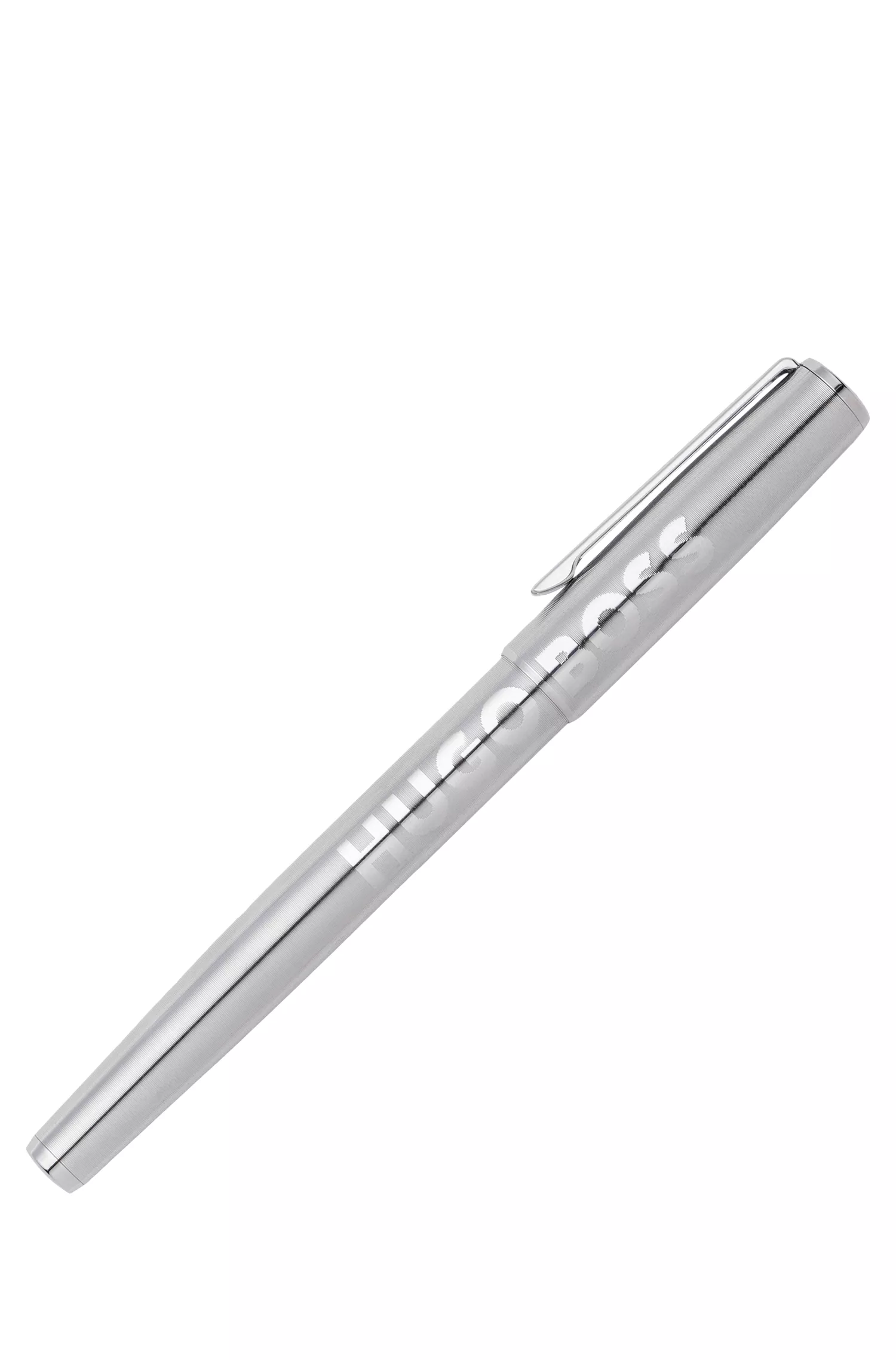 Caneta rollerball BOSS preta em latão com revestimento cromado.
