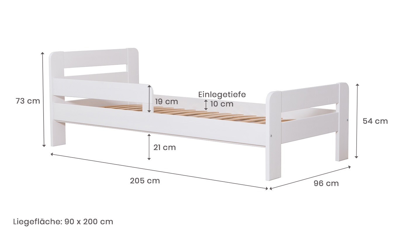 TiCAA Einzelbett Kinderbett Jugendbett, Bennet mit Zusatzbett Rausfallschutz & Lattenrost für Schlafzimmer, Kinderzimmer Kiefer Massivholz Bettgestell 90 x 200 cm