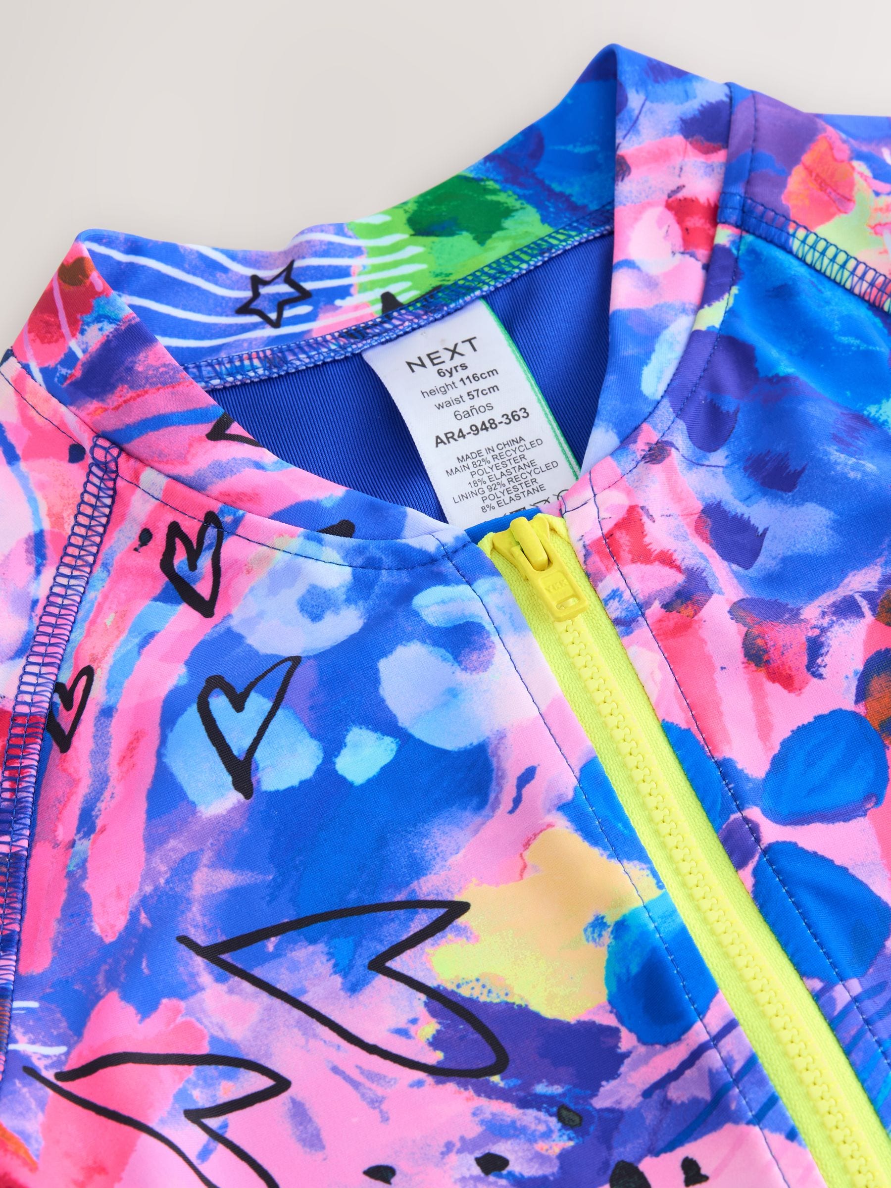Blauw met graffitiprint - Shortbadpak met lange mouwen (3-16 jr)
