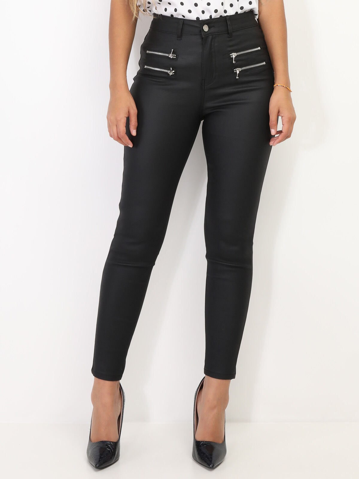Pantalon slim enduit à zips- Noir