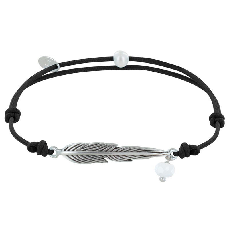 Bracelet Lien Plume Laiton Argenté et Perle Facettée - Noir