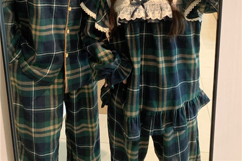Tanee - Koppel bijpassende pyjama-shirt met lange mouwen en kraag, geruit, V-hals blouse met strik en ruches, rechte broek, set (verschillende ontwerpen)