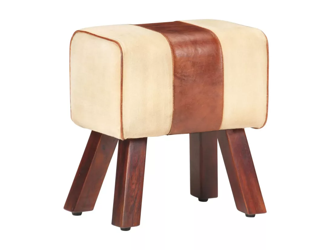 Banc saut de cheval 38 cm marron cuir véritable et manguier