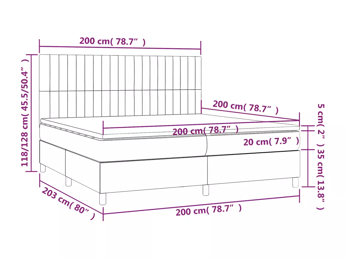 Sommier tapissier et matelas et LED Noir 200x200 cm Tissu