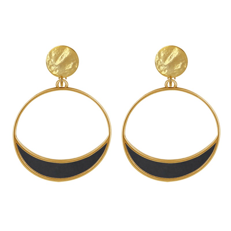 Boucles d'Oreilles Clip Métal Doré Cercle et Croissant de Lune Translucide Coloré
