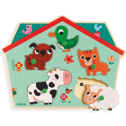 Puzzle sonore bois  12m ouaf woof djeco