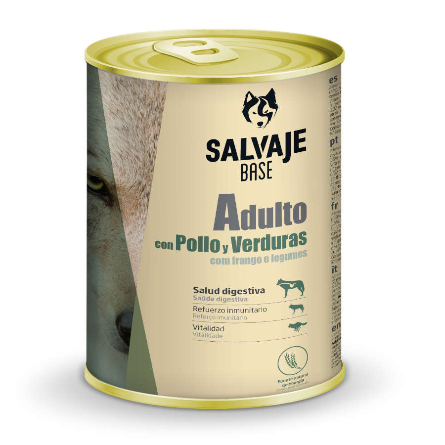 Ração enlatada Wild Base Adult com frango e vegetais para cães.