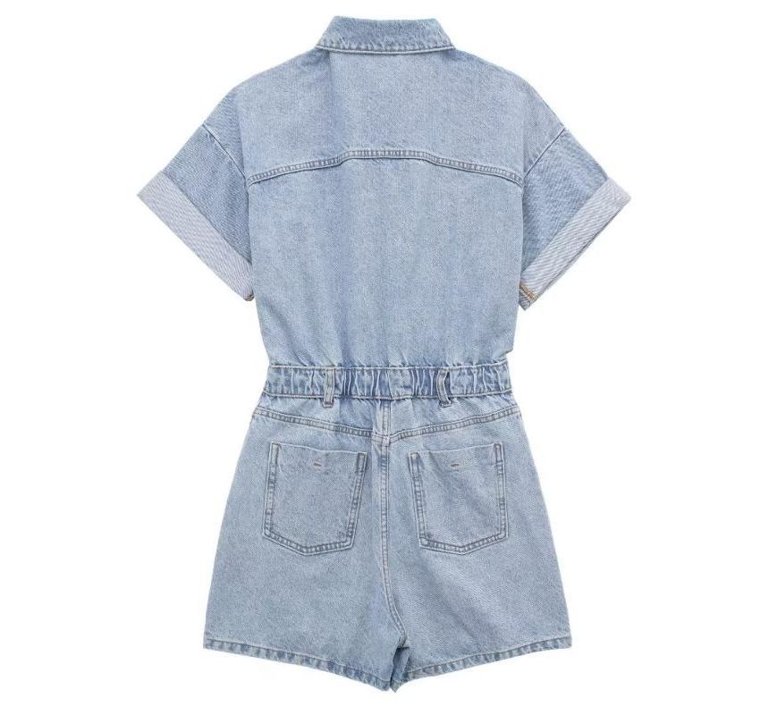 Indesi - Denim romper met korte mouwen, kraag en knoopjes