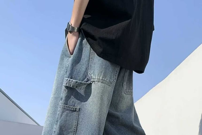Oakjam - Cargoshorts met wijde pijpen en een trekkoord in de taille van gewassen denim