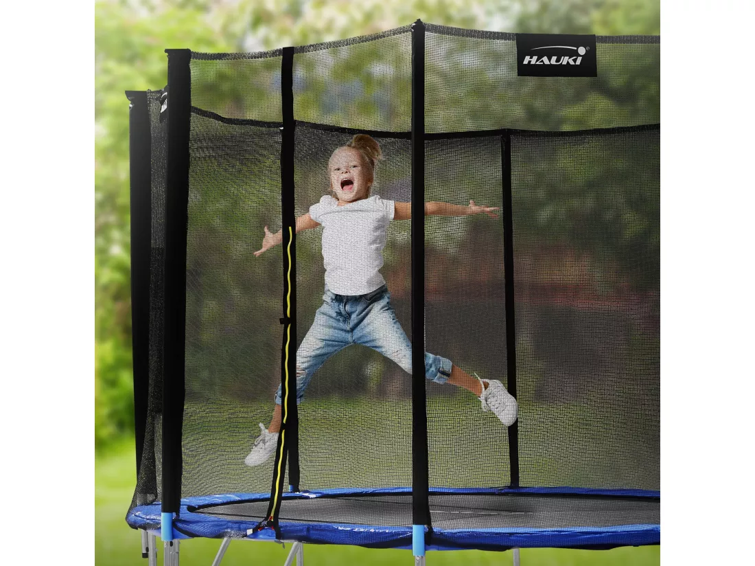 Hauki Trampoline Outdoor, Ø427 cm, bleu, certifié GS, trampoline de jardin rond pour enfants jusqu'à 150 kg, set complet avec filet de sécurité, échelle, couverture des bords, barres rembourrées, trampoline stable pour enfants
