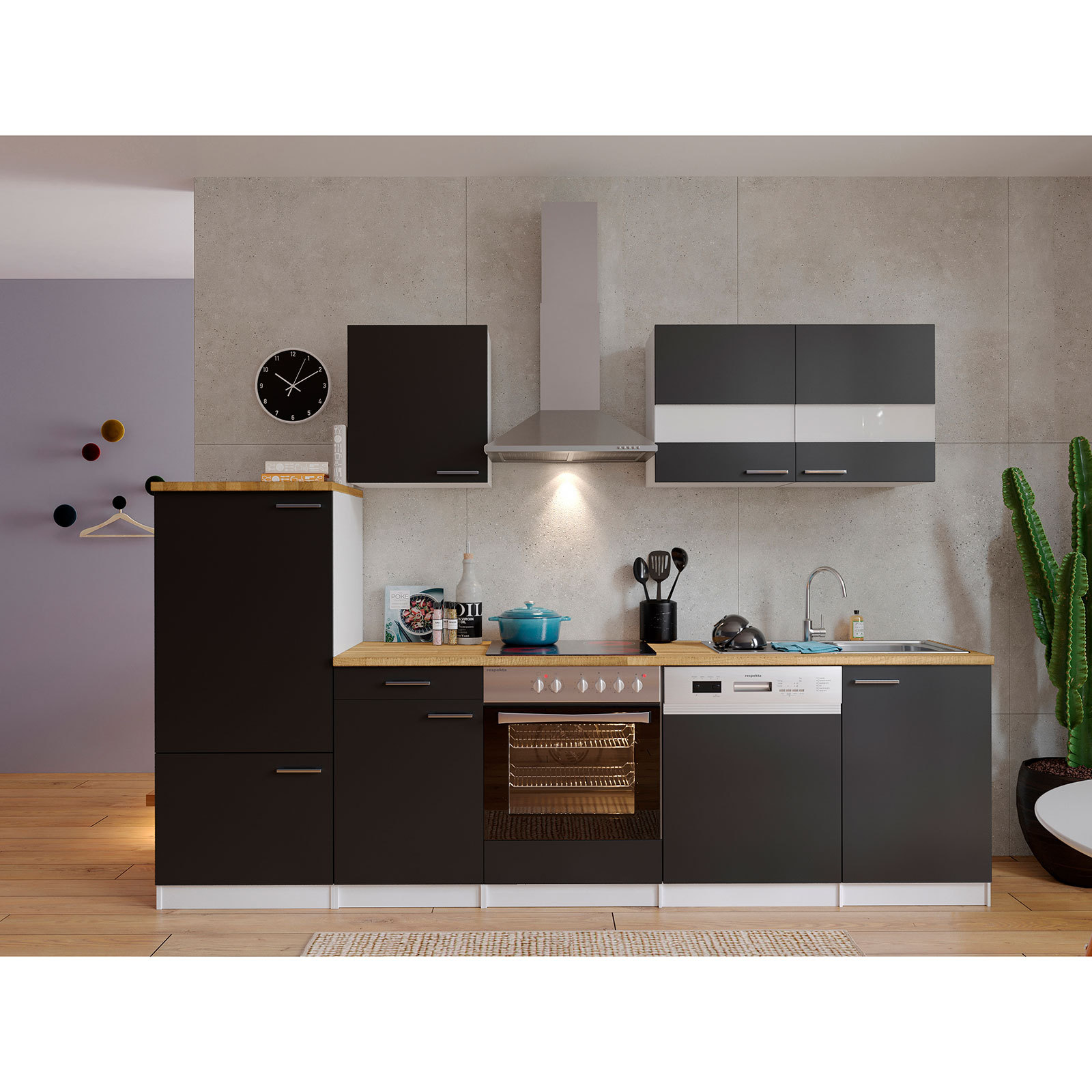 RESPEKTA Küchenblock - schwarz - mit E-Geräten - 280 cm