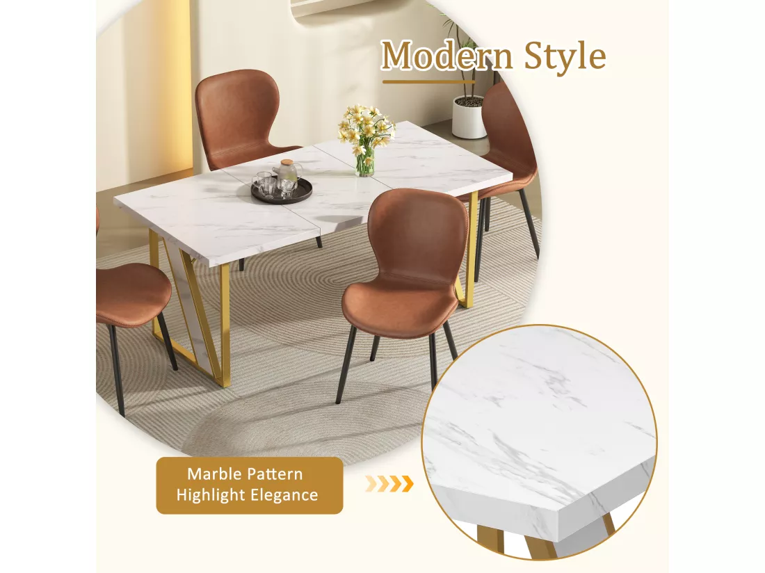 Table à manger rectangulaire 4 à 6 couverts - 160 x 80 x 75 cm - MDF et pièds en métal - Effet marbre - Blanc + or