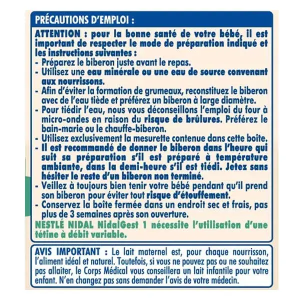 Nidal Plus Lait en Poudre 1er Âge Formule Épaissie 0-6m 800g